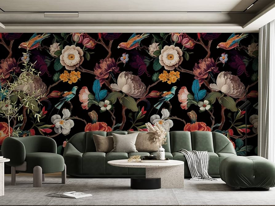 Wall Mural Peel and Stick Black Floral Wallpaper Mural Canvas Fabric Vintage Dark Wallpaper for R... | Amazon (US)