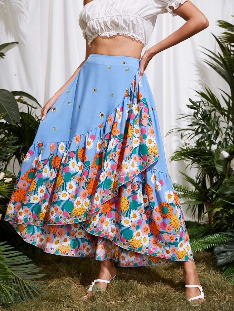 SHEIN Floral Ruffle Hem Skirt | SHEIN