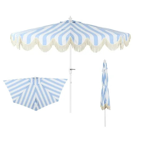 JONATHAN Y Beverly 9 ft. Half Market Patio Umbrella, Designer Classic Scalloped Fringe with Crank, Tilt Button and UV Protection, Light Blue/White, White Pole | Walmart (US)