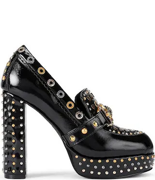 Mansion Leather Studded Bit Buckle Logo Ornament High Heel Platform Loafer Pumps | Dillard's