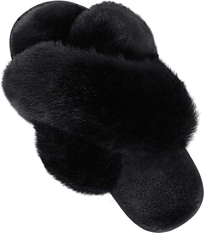 DOIOWN Women's Fuzzy Slippers Cross Band Fluffy Slippers Faux Fur Slippers Plush House Open Toe Cozy | Amazon (US)