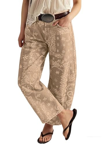 loveimgs Women Boyfriend Baggy Barrel Jeans Floral Print Denim Ankle Pants Wide Leg Mid Rise Jeans Sweatpants Y2k Patchwork (Small,Khaki) | Amazon (US)