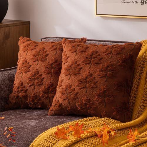 Decorative Farmhouse Fall Throw Pillow Covers 20x20 Set of 2, Caramel Maple Leaf Plush Embroidere... | Amazon (US)