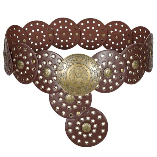 LEACOOLKEY Women's Boho Disc Belt Wide Western Leather Belt Vintage Concho Waist Belt for Dress Jeans | Amazon (US)