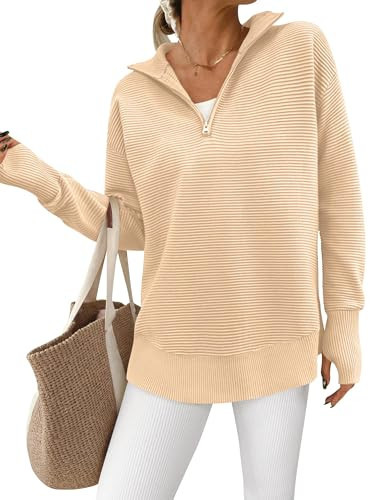 PRETTYGARDEN Womens Long Sleeve Quarter Zip Pullover Sweater Casual Loose V Neck Collared Ribbed Knit Jumper Tops Thumb Hole(Dark Apricot,XX-Large) | Amazon (US)