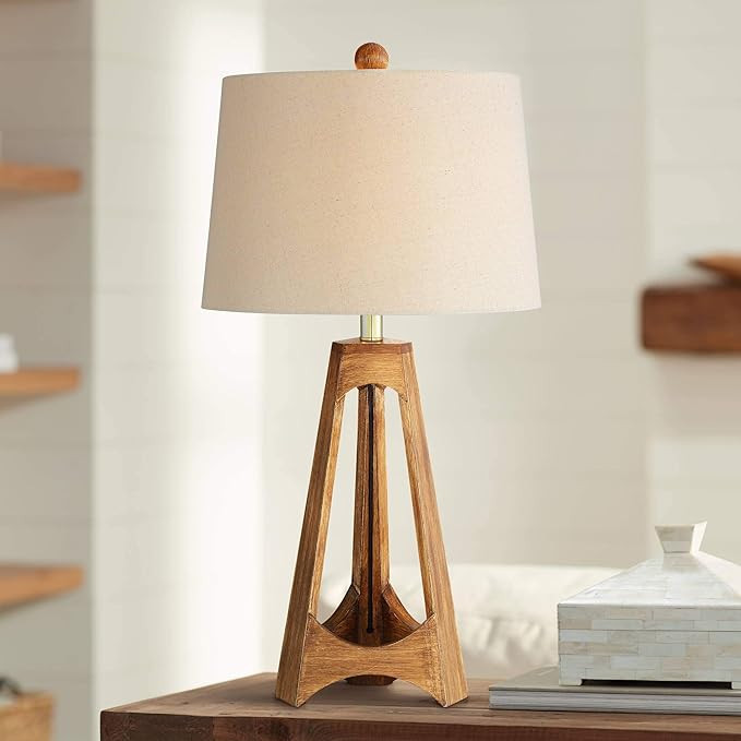 360 Lighting Archie Mid Century Modern Style Table Lamp Tripod 27.5" Tall Brown Wood Off White Oa... | Amazon (US)