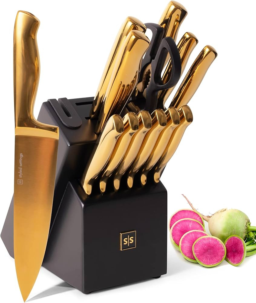 Black and Gold Knife Set with Block - 14 Piece Gold Knife Set with Sharpener Includes Full Tang G... | Amazon (US)