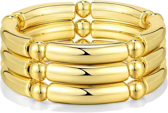 Gold Chunky Bangles Bracelets For Women 14k Gold Plated Stack Layered Curved Bamboo Tube Stretch ... | Amazon (US)