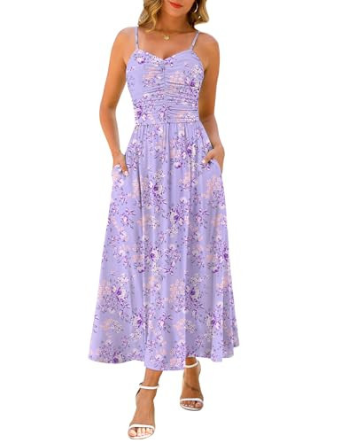 Annebouti Spring Summer Maxi Dress for Women 2025 Casual Trendy Lavender Ruched A-Line Sleeveless Spaghetti Strap Light Purple Beach Long Sundresses with Pockets Purple Floral XS | Amazon (US)