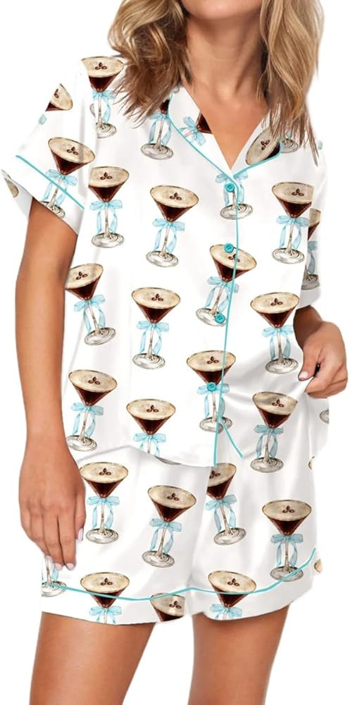 Women Silk Satin Pajama Shorts Set Y2k 2 Piece Outfits Matching Pj Set Cute Short Sleeve Preppy S... | Amazon (US)