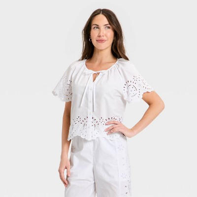 Women's Short Sleeve V-Neck Button-Front Eyelet Blouse - A New Day™ White S | Target