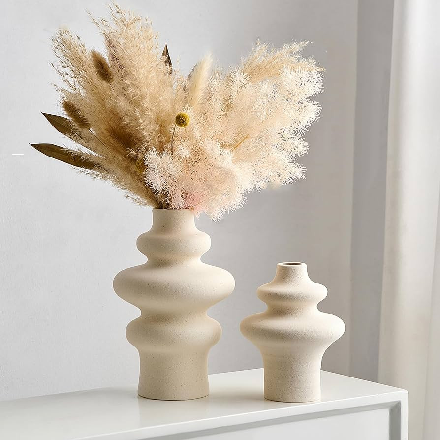Ceramic Vase Set of 2 White Vases Home Decor, Minimalist Pampas Grass Vases Table Decor, Modern B... | Amazon (US)