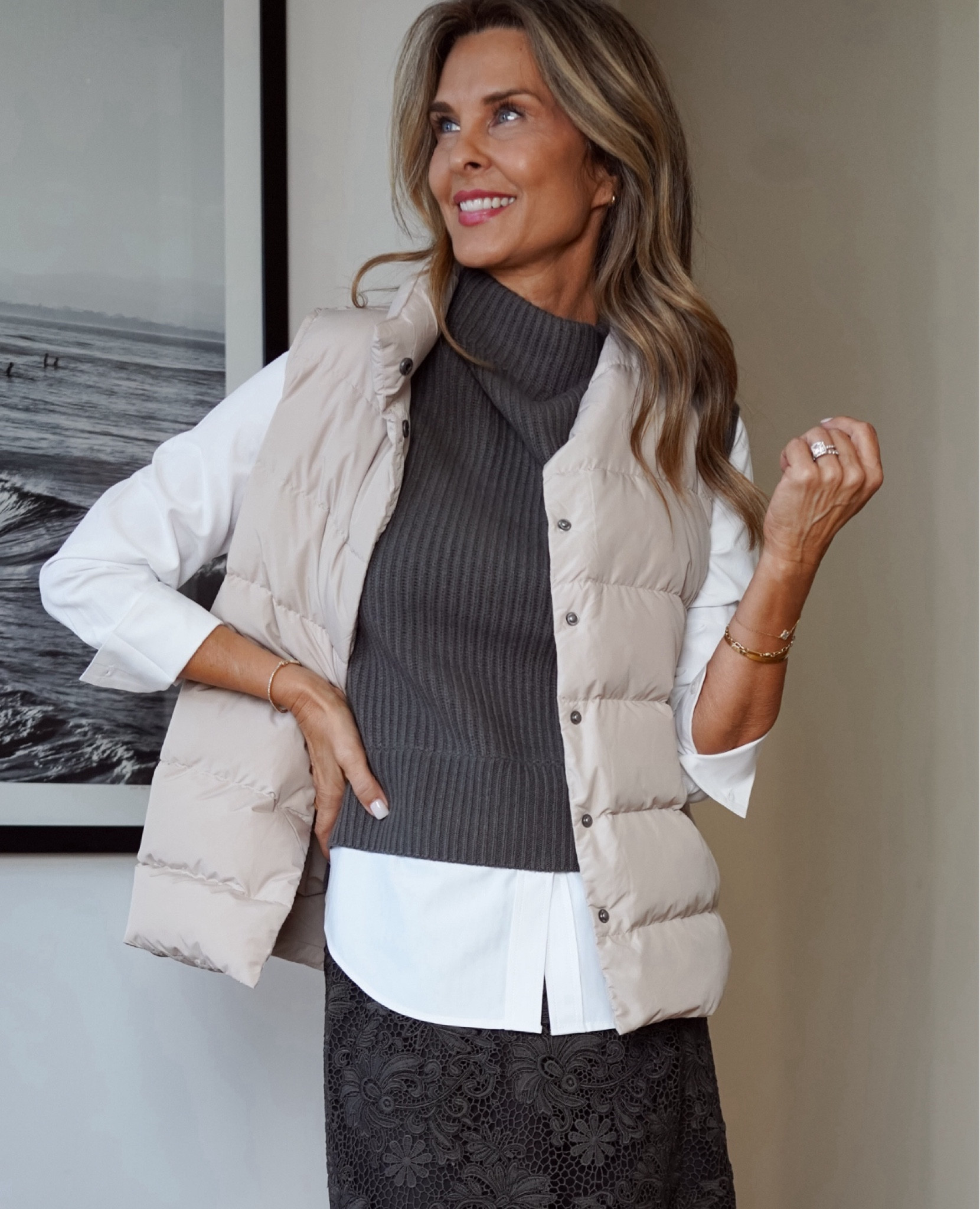 -Brochu Walker puffer vest is very luxe looking and feeling. 20/10 love! 
-Cashmere vest with white shirt under layer sz XS 
-Lace midi skirt with back slit is gorgeous. It has a structured feel to the lace. Very elevated. Sz XS 
-polka dot hose 
-Black heels that are comfortable, have a fabric texture and TTS. 

#LTKWorkwear #LTKStyleTip #LTKOver40