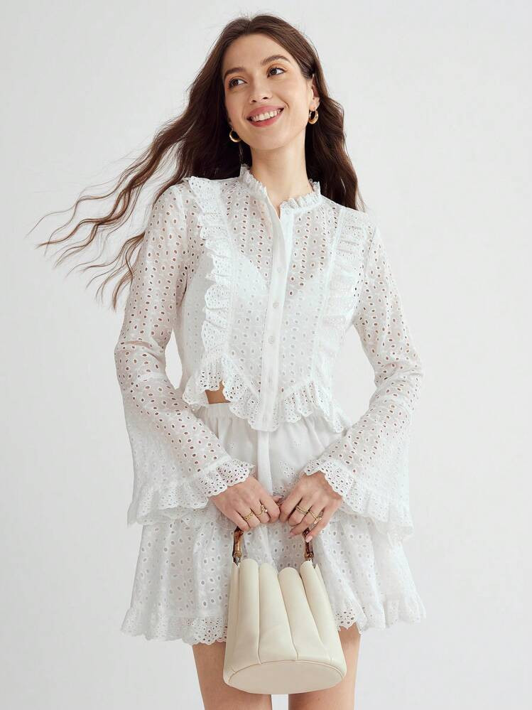 SHEIN Fall Romantic Elegant Holiday Ruffle Trim Flare Sleeve Asymmetrical Hem Embroidery Blouse | SHEIN