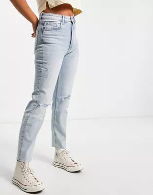 Stradivarius organic cotton slim mom jean with stretch and rip in light blue | ASOS (Global)