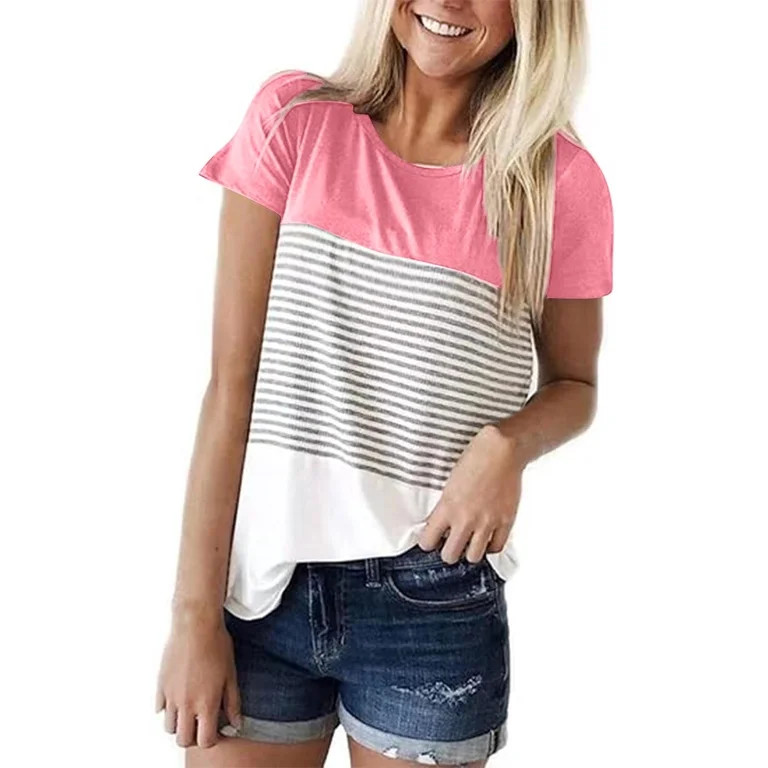 Horkkom Short Sleeve Shirts for Women Summer Striped Color Block Crew Neck T Shirts Loose Basic T... | Walmart (US)