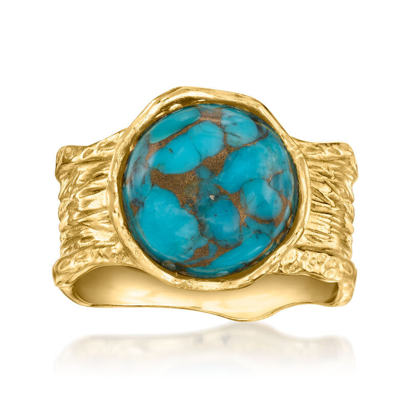 Turquoise Wide-Band Ring in Textured and Polished 18kt Gold Over Sterling | Ross-Simons