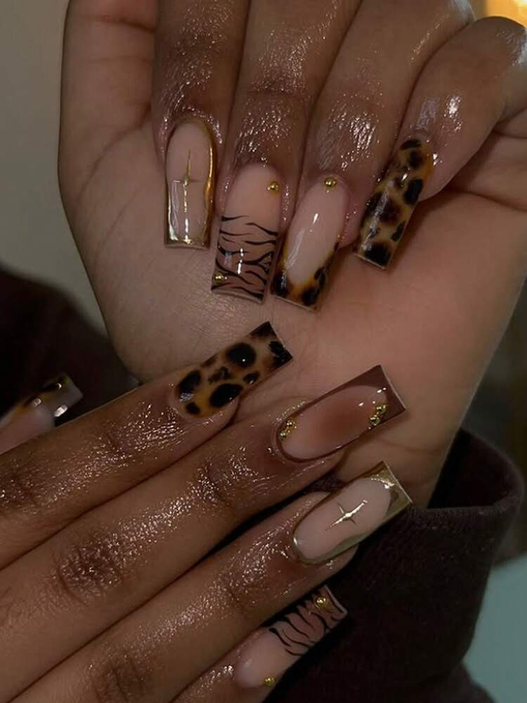 24pcs/Set Minimalist French Manicure Medium Length Nail Tips, Leopard Print, Gold Foil Starry, Tie Dye Brown, 3D Golden Pearl, Sweet Style Reusable Press-On Nails With Jelly Gel And 1pc Nail File, Suitable For Office Ladies, Daily Dates, Afternoon Tea, Outdoor Activities Nail Supplies | SHEIN