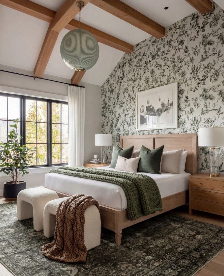 There’s something about this bedroom that just feels instantly calming, like a quiet retreat you never want to leave. The mix of soft greens, warm woods, and layered textures creates the perfect balance of cozy and elevated.

The light natural-wood bed sets the tone with its clean, relaxed lines. I styled it with deep moss green pillows and a chunky knit throw to bring in that earthy, organic warmth.

The floral wallpaper is the real mood-maker here — soft, botanical, and timeless without feeling busy. It pulls the entire palette together effortlessly.

At the foot of the bed, the boucle stools add the perfect touch of texture. I threw a warm caramel knit over one to echo the wood tones and soften the layout.

The vintage-style green rug grounds the space beautifully, adding depth and pattern without overwhelming the room.

And of course, the vaulted ceiling with exposed beams and that ribbed sage pendant? Such a stunning architectural moment that makes everything feel airy and elevated.

✨ Shop the Look
Natural wood nightstands|
Natural-wood bed | Moss throw pillows | Chunky knit blanket | Boucle stools | Botanical wallpaper | Green vintage-pattern rug | Gold-base table lamps | Exposed beams | Ribbed sage pendant

Black Friday#LTKCyberWeek

#LTKHome #LTKSaleAlert