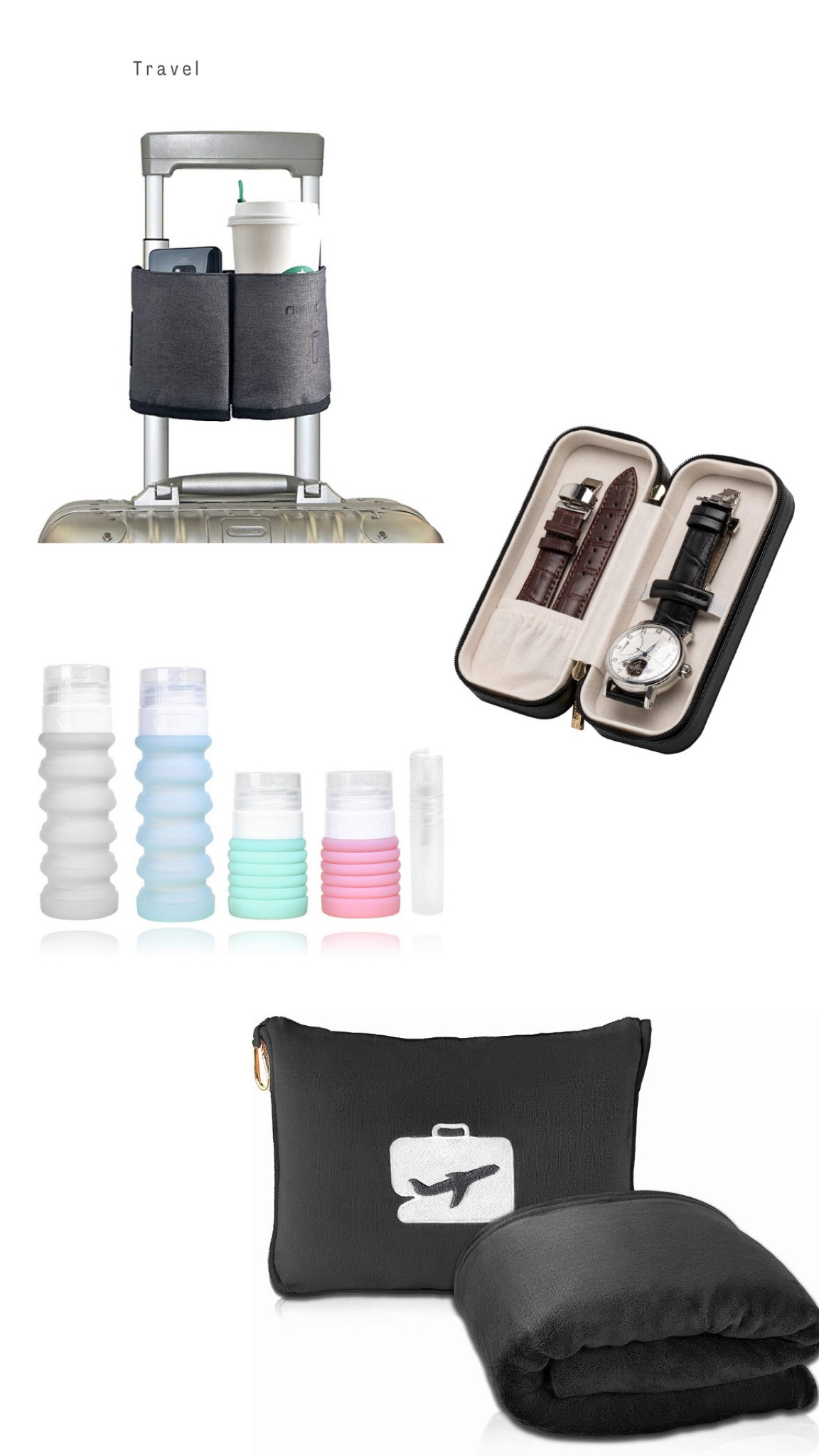 1 - Luggage accessory holder 
2 - watch travel case 
3 - collapsible bottles 
4 - Pillow & blanket with luggage sleeve 

#primeday2022

#LTKHoliday #LTKSeasonal #LTKtravel