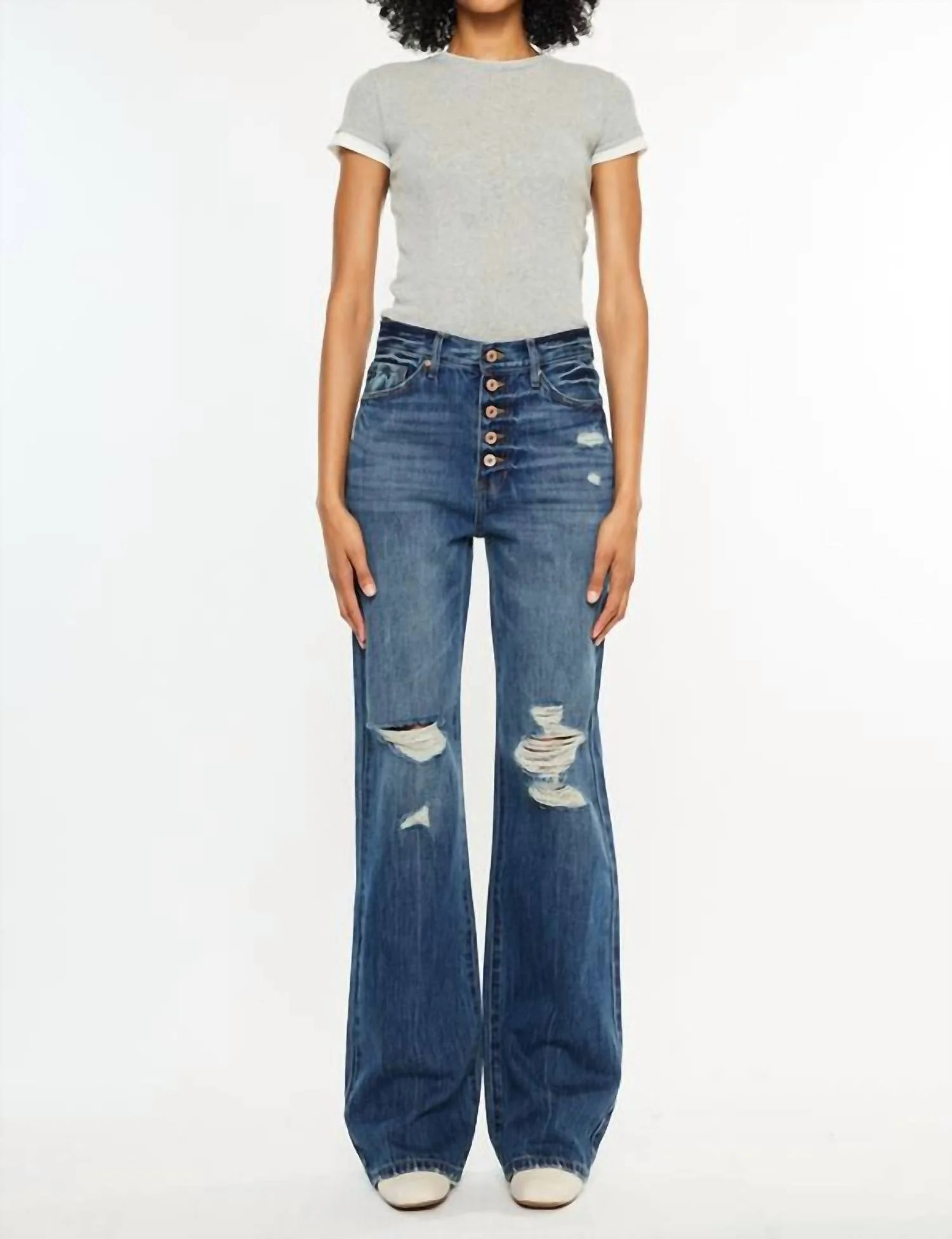 Ultra High Rise Exposed Button 90's Flare Jeans In Medium Wash | Shop Simon