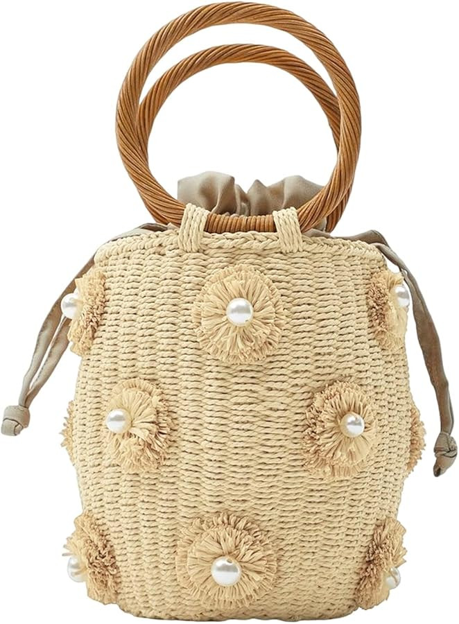 Summer Straw Bags for Women Flower Straw Bucket Tote Bag Hand Woven Rattan Purse Drawstring 2024 | Amazon (US)