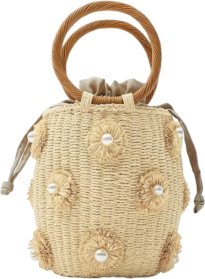 Summer Straw Bag for Women Flower Bucket Tote Bag Straw Handbag Hand Woven Rattan Purse Drawstrin... | Amazon (US)