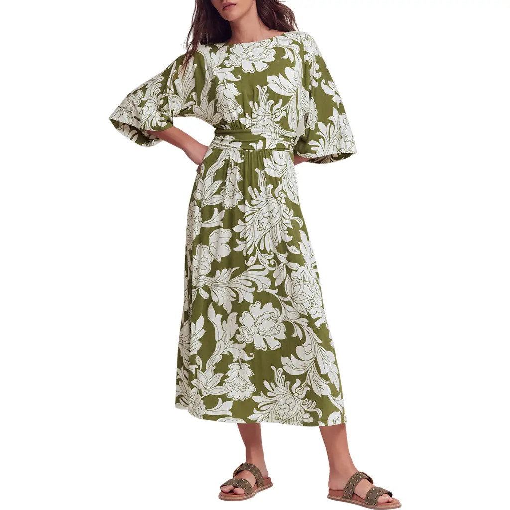 Boden Imelda Floral Kimono Jersey Midi Dress in Olive/botanical Flourish Mono at Nordstrom, Size 0 | Nordstrom