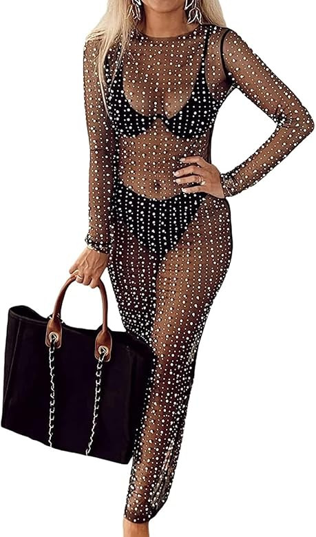 Modegal Women's Sheer Mesh Pearl Shiny Rhinestone Dress Long Sleeve Summer Swimwear Bathing Suit ... | Amazon (CA)