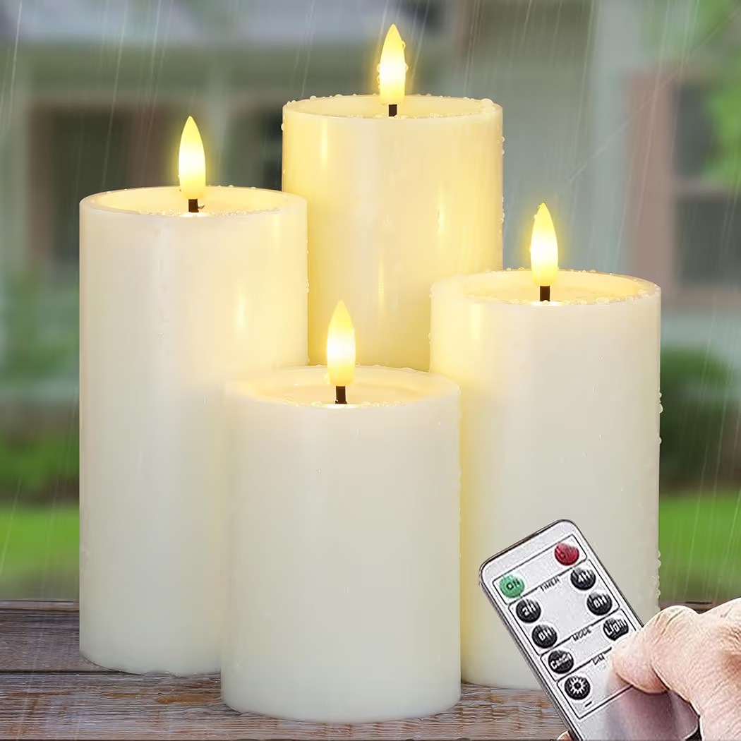 Outdoor 4pcs Flameless Waterproof Candles with Handy Remote Control, Cycle Timer Battery Operated Candle Grease Effect LED Flickering Pillar Plastic Long Lasting (Ivory, 3" x4" 5" 6" 7") | Amazon (US)