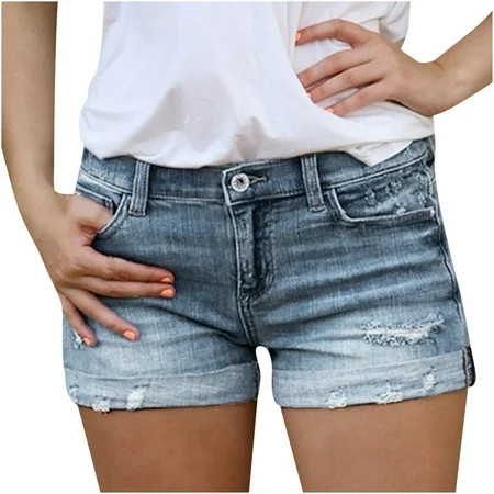 YWDJ Jean Shorts Womens Plus Size Jeans Fashion Middle-waisted Straight Pocket Hole Short Pants Ligh | Walmart (US)