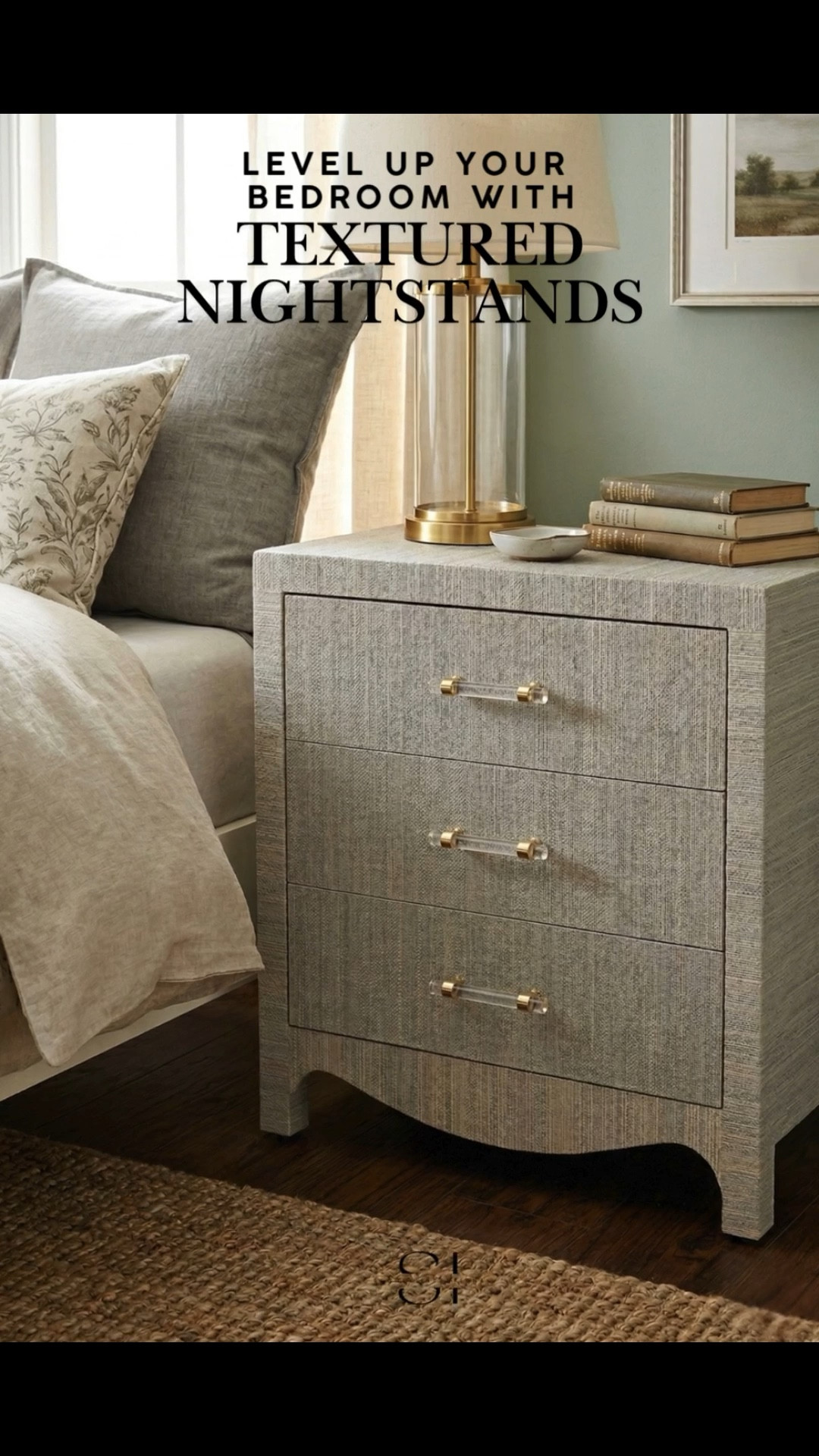 Grasscloth nightstand, textured side table, coastal bedroom decor, organic modern furniture, linen end table, neutral home aesthetic, luxury nightstand, acrylic hardware, transitional bedroom, woven furniture

#LTKHome