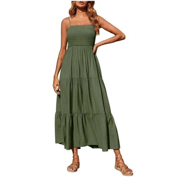 Womens Summer Dresses Bohemian Spaghetti Strap Smocked Tiered Long Beach Sun Dresses Sleeveless S... | Walmart (US)