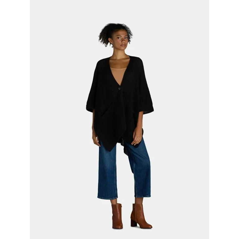 Time and Tru Women's Knit Fashion Ruana with Single Button, One Size, Black | Walmart (US)