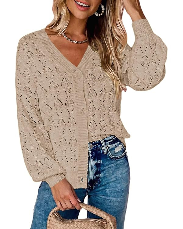 Zeagoo Women's Lightweight Crochet Cropped Cardigan 2024 V Neck Long Sleeve Button up Bolero Shru... | Amazon (US)