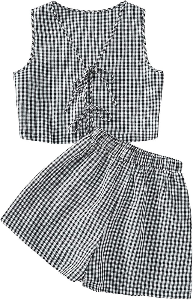 SOLY HUX Women's Summer 2 Piece Outfits Plaid Print Sleeveless Tie Front Tank Top Vest Shorts Bea... | Amazon (US)