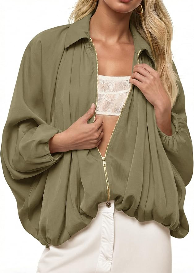 Tankaneo Womens Bomber Jackets Oversized Batwing Sleeve Zip Up Puffed Jacket Lapel Collar Pleated... | Amazon (US)