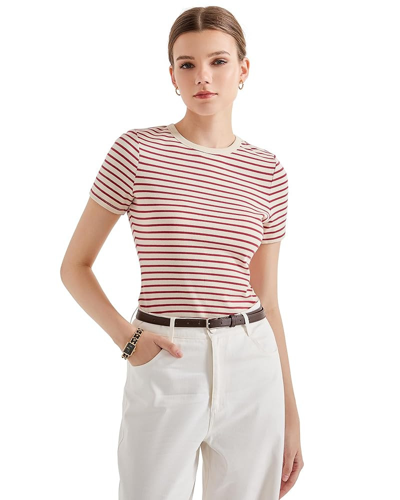 SUUKSESS Women Ribbed Striped Short Sleeve Slim Fit Tops Summer Crew Neck Color Block Going Out T... | Amazon (US)