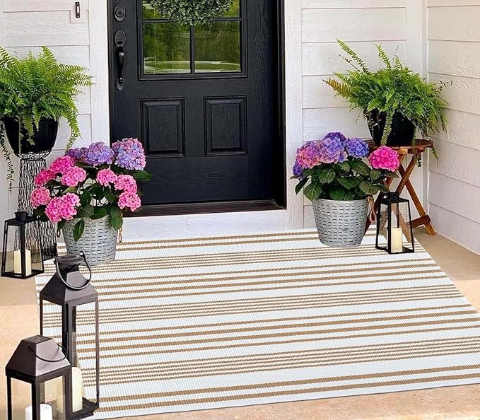 BUAGETUP Khaki and White Outdoor Rug 3'x 5' Hand-Woven Cotton Washable Rug Striped Front Porch Ru... | Amazon (US)