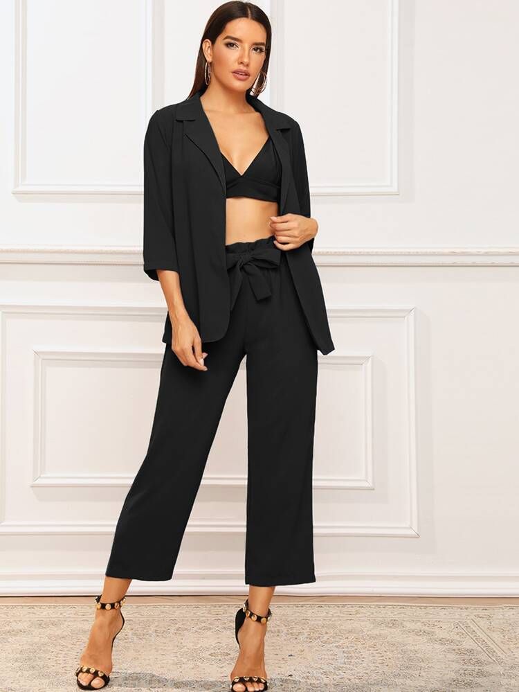 Solid Notched Neck Blazer With Paperbag Waist Belted Pants | SHEIN