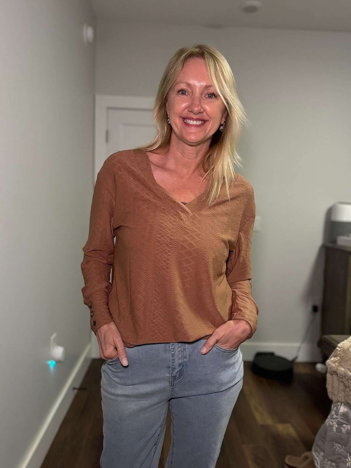 Love my DOKOTOO long sleeve V neck top in brown! It’s so soft and fits true to size. #dokotoo #founditonamazon 

 #LTKOver40 #LTKPetite #LTKFindsUnder50