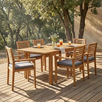 7 Pieces Acacia Wood Outdoor Dining Set, Modern 6 Chairs And 1 Large Table, For Lawn, Backyard, Garden, Deck, And Poolside | Wayfair North America