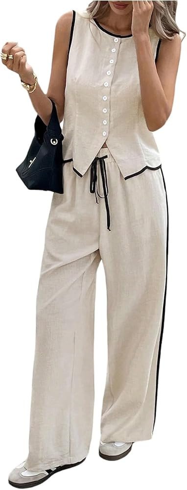 MakeMeChic Women's 2 Piece Sets Button Down Vest Top and Pants Summer Business Casual Outfits | Amazon (US)
