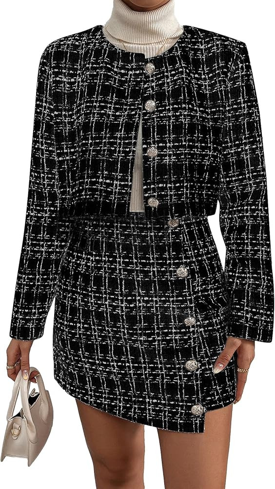 Verdusa Women's 2 Piece Outfit Plaid Print Crop Tweed Jacket and Bodycon Mini Skirt | Amazon (US)