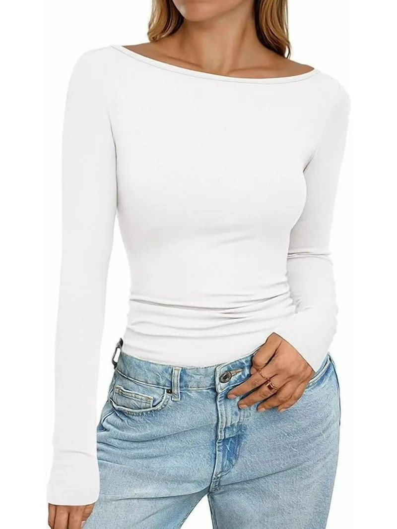 PRETTYGARDEN Long Sleeve Shirts for Women Fall Boat Neck Ribbed Knit Ruched Fitted Going Out Tops... | Walmart (US)