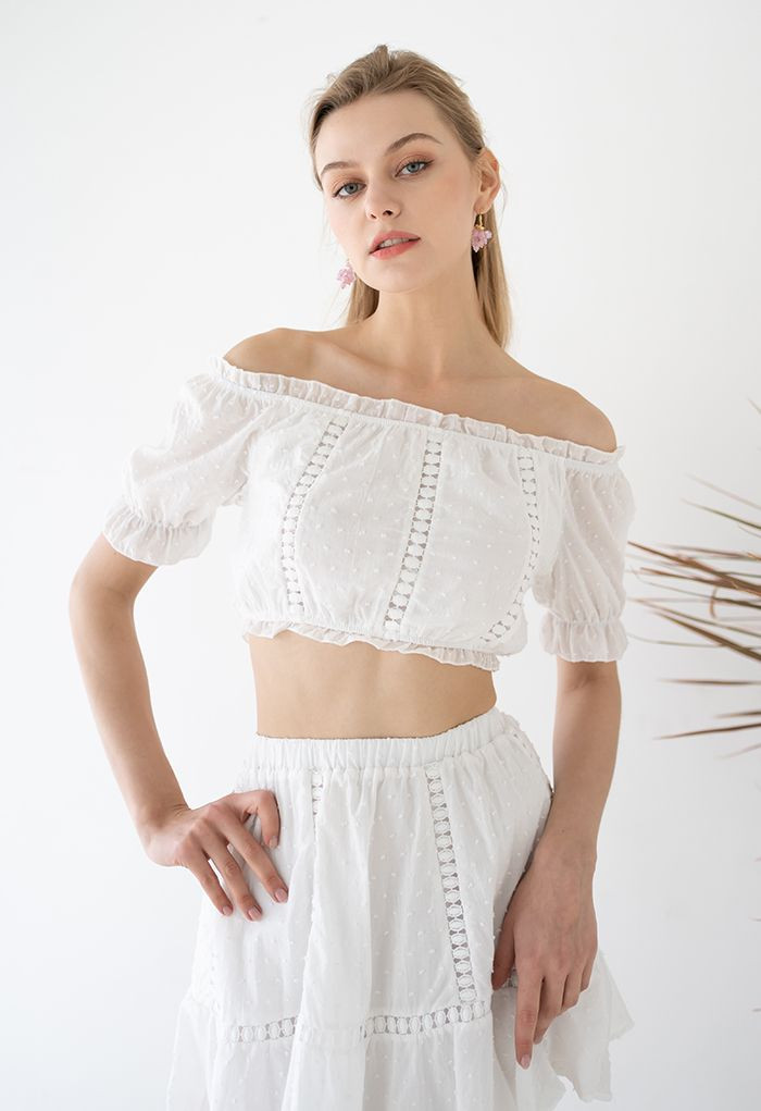 Flock Dot Off-Shoulder Crop Top and Skirt Set in White | Chicwish