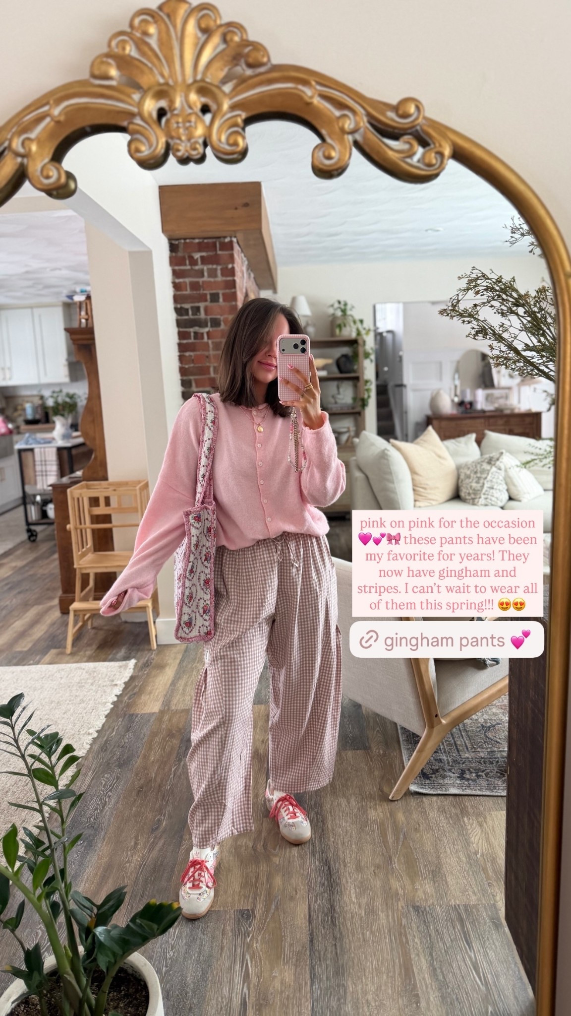 pink on pink for the occasion 🩷💕🎀 these pants have been my favorite for years! They now have gingham and stripes. I can’t wait to wear all of them this spring!!! 😍😍 @tarse_collab