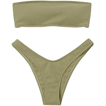 ZAFUL Women Strapless Ribbed High Cut Bandeau Bikini Set | Amazon (US)