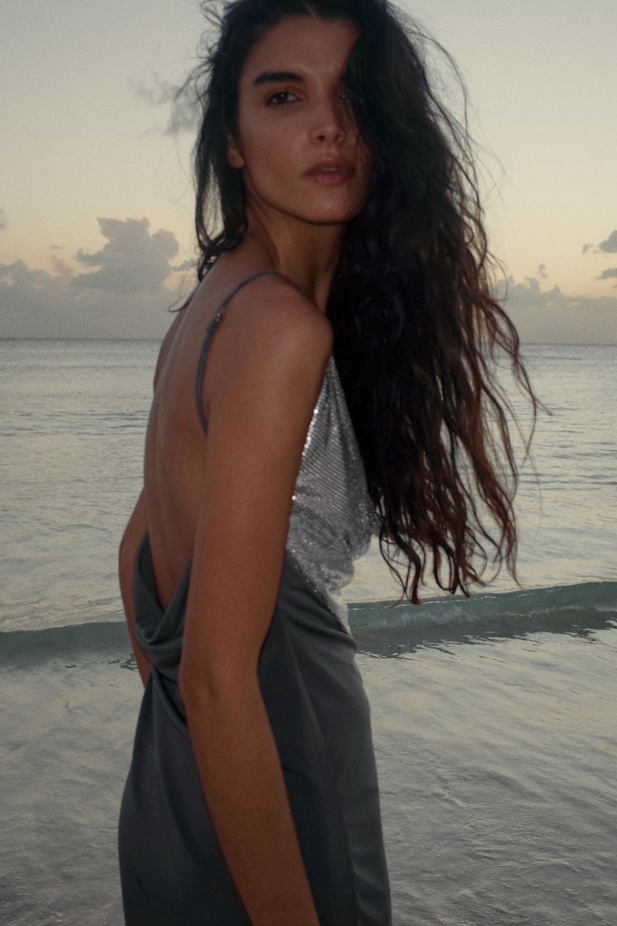 Mini dress with draped neckline and adjustable straps. Open back. Contrasting mesh fabric detail. | Zara US