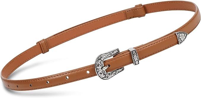 Trendy Western Skinny Belts for Women Adjustable Leather Thin Waist Belt for Dresses with Vintage... | Amazon (US)